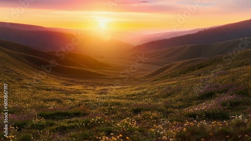 Scenic golden sunset over rolling hills with colorful wildflowers and meadow