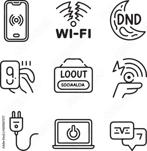 con Pack – Hand-Drawn Line Symbols of Broken Tech, Internet Cut, Do Not Disturb, and Social Media Exit