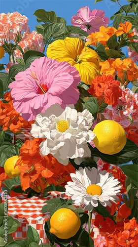 Vibrant Summer Floral Illustration with Lemons