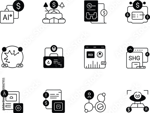 Modern financial technology and ai icons set