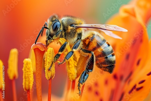 Close up of a bee collecting nectar from a colorful flower in the beauty of nature