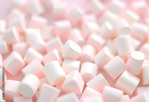 Close-up of soft white and pink marshmallows piled together, sweet confectionery background with fluffy texture and pastel colors