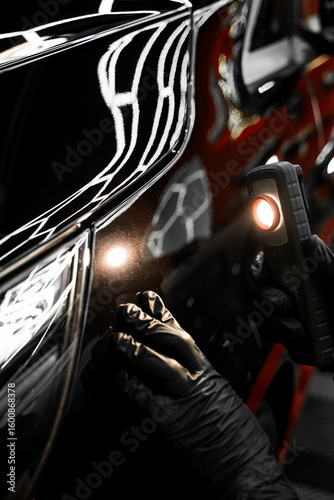 Swirl finder light to detect paint issues on black car in a detailing studio. Car Paint Inspection. Car paint inspection using detailing inspection light before polishing or ceramic coating.