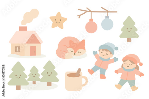 Cute hand-drawn winter flat illustration set with kids playing, sleeping fox, forest trees, cozy house, hot cocoa. Perfect for Christmas holidays, cards, kids’ designs. Simple vector, white background