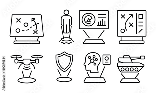 Defense Strategy Icons. Outline vector icons of defense and strategy holograms: tactical map, mission hologram