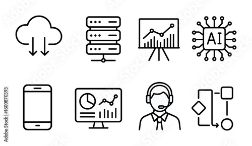 Modern Tech Line Icons. Outline vector icons of business technology: cloud computing, server rack, data chart,