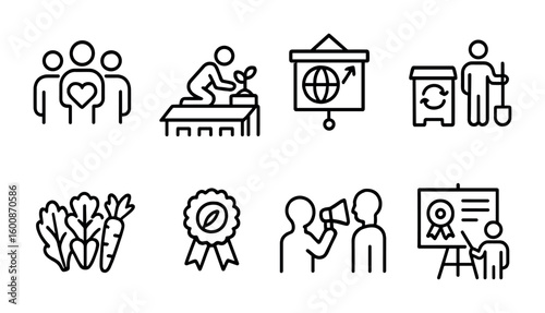 Community Green Icons. Outline vector icons of community green initiatives: volunteer team, rooftop planting,