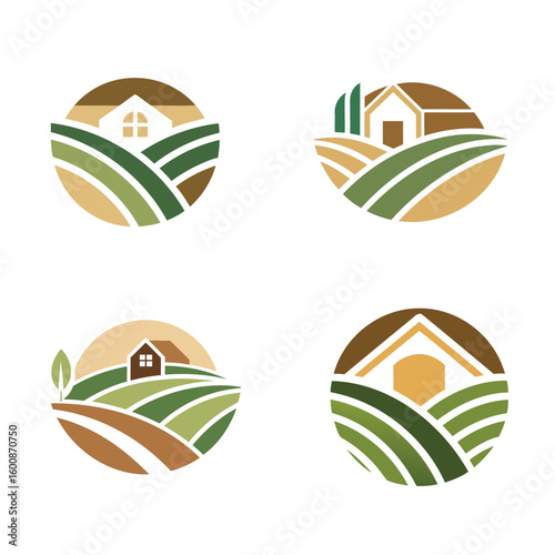 Circular farm landscape logos featuring houses and rolling hills