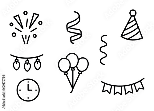 Party Ambiance Icons. Outline icon set of party ambiance elements: confetti burst, gold ribbon, light bulb