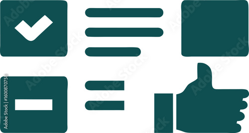 Teal checkmark list minus sign square thumb up vector