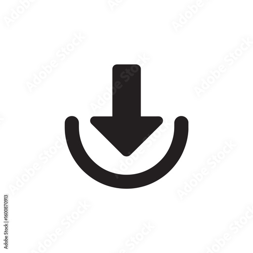 A simple black download icon with a downward pointing arrow inside a curved bracket isolated on white background