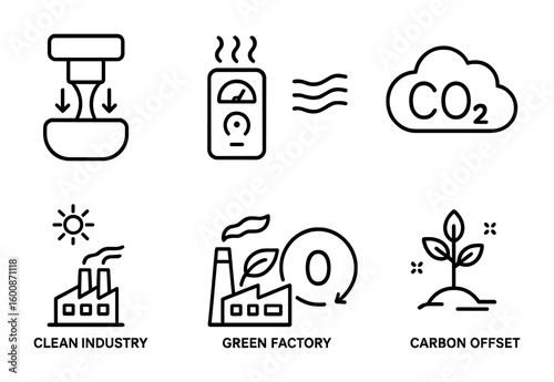 Zero-Emission Icons Set. Outline icon set of zero-emission technologies: carbon capture, emission sensor, air