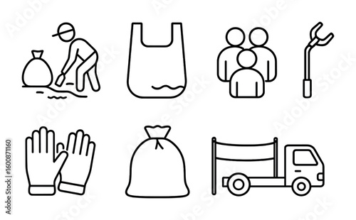 Plastic Cleanup Icons. Outline vector icons of plastic collection drives: beach cleanup, plastic bag,
