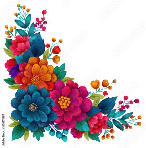 Vibrant floral corner design with bold colors and detailed flowers
