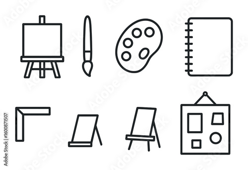 Art Studio Icons. Outline icon set of art studio elements: easel, canvas, paintbrush, color palette,