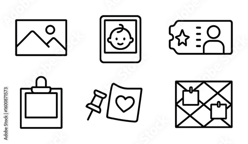 Memory Wall Icons. Outline icon set of personal memory wall: vacation photo, baby picture, event ticket,
