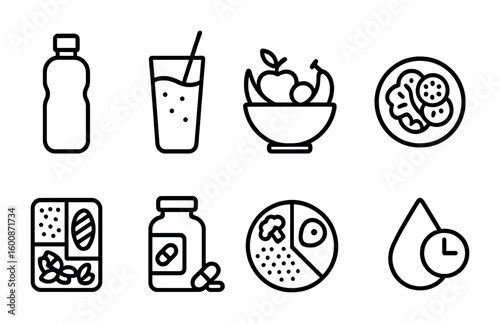 Hydration and Nutrition Icons. Outline icon set of hydration and nutrition: water bottle, smoothie glass,