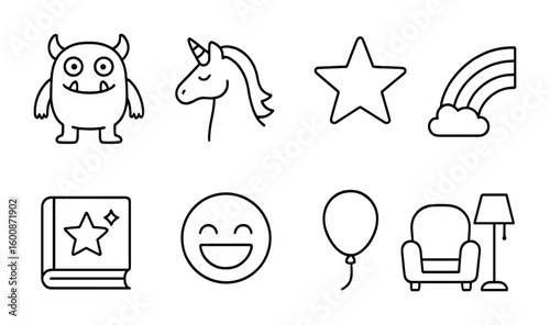 Children's Film Icons. Outline icon set of animation for children’s films: friendly monster, magical animal,
