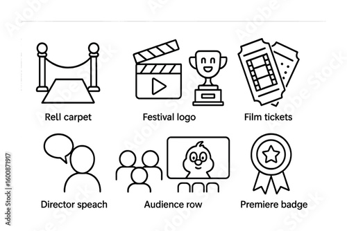 Animated Film Festival Icons. Outline icon set of animated film festival: red carpet, festival logo, animated