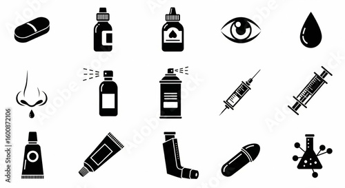 Pharmacy Drug Packaging Glyph Icon Set – Vector Syrup, Tablet, Eye Drops, Nasal Spray, Syringe, Injection, Inhaler, Ointment Symbols