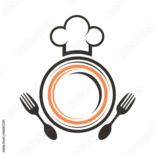 Stylized chef hat above plate with forks on white background cutlery