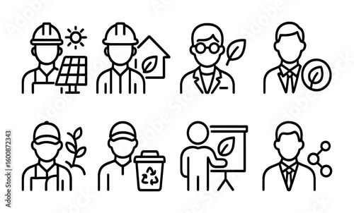 Green Jobs Icon Set. Outline icon set of green jobs and workforce development: renewable energy technician,
