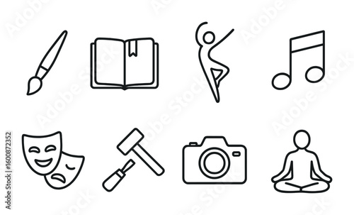 Artistic Expression Icons. Outline icon set of personal growth through artistic expression: paintbrush,