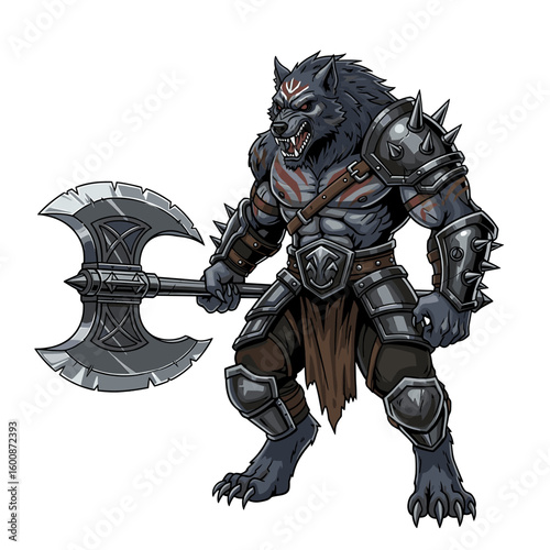 A muscular werewolf warrior stands ready, wielding a large double-bladed axe, wearing spiked armor.