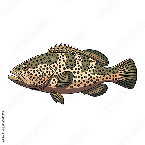Detailed illustration of a speckled grouper, a saltwater fish with prominent spots and fins.
