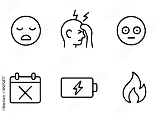 Burnout Warning Icons. Outline icon set of burnout warning signs: tired face, headache icon, dark circles,