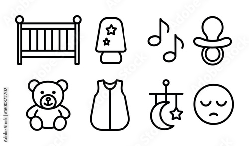 Children's Sleep Icon Set. Outline icon set of children’s sleep health: baby crib, night light, lullaby notes,