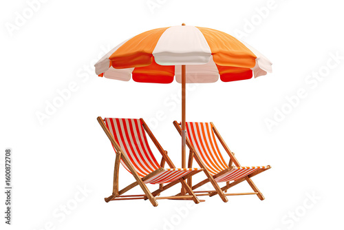 Two striped beach chairs under an orange and white umbrella