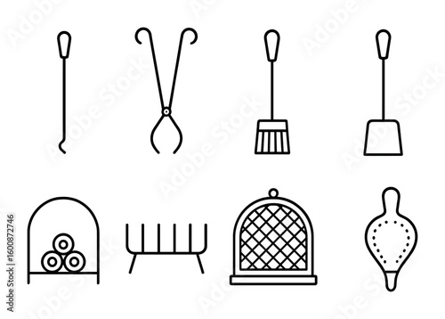 Fireplace Accessory Icons. Outline icon set of fireplace accessories: poker, tongs, brush, ash shovel, log