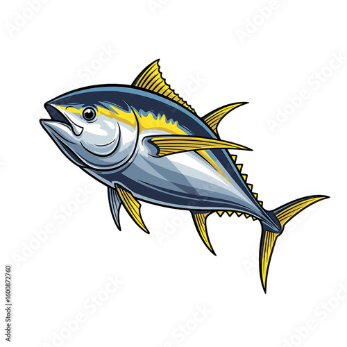A vibrant illustration of a yellowfin tuna, showcasing its sleek body and distinctive yellow fins against a white background.