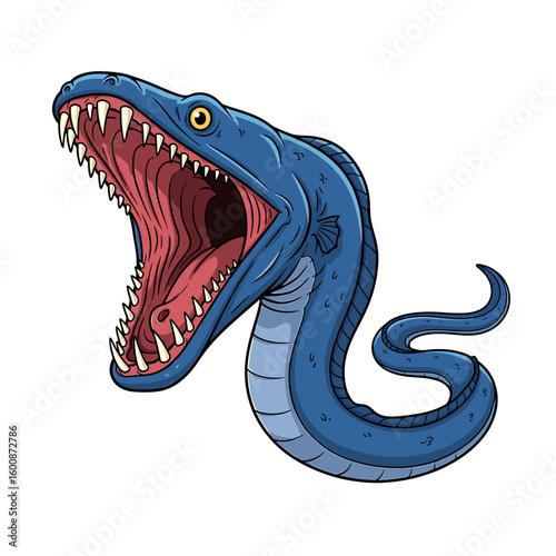A cartoon illustration of a blue snake with its mouth wide open, displaying sharp teeth.