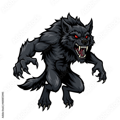 A snarling, black werewolf crouches, poised for attack, its red eyes glowing intensely.