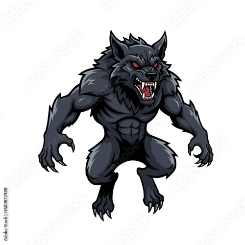 A menacing cartoon werewolf, poised in a threatening stance, with bulging muscles and a ferocious expression.