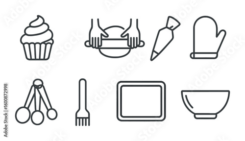 Baking Essentials Icons. Outline icon set of baking together: cupcake, rolling dough, frosting tube, oven mitt