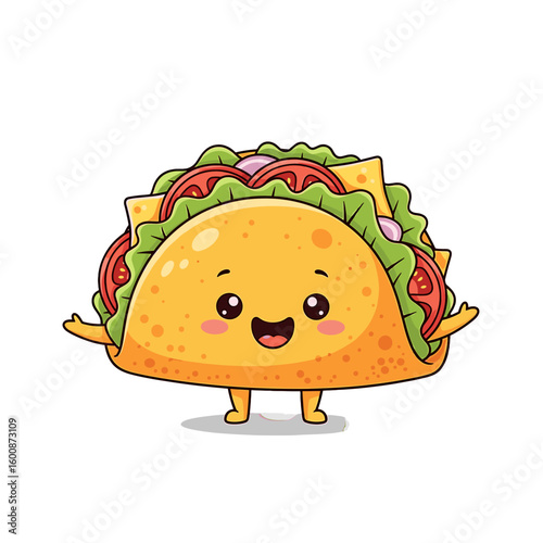 A cheerful cartoon taco with happy expression, filled with lettuce, tomato, and cheese.