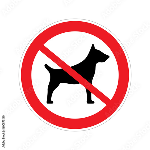 A clear no dogs allowed sign is positioned in a public space, featuring a black dog silhouette crossed out with a red circle. This signifies pet restrictions effectively