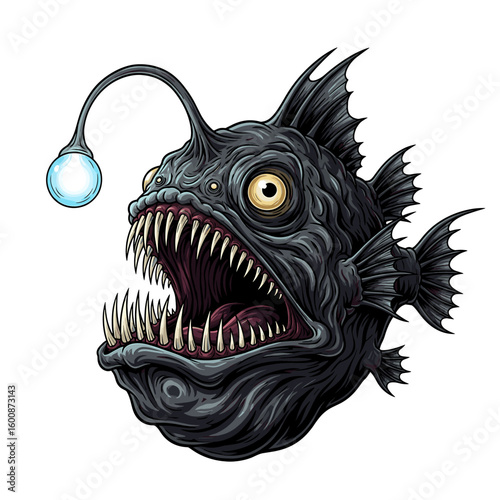 Illustration of a menacing anglerfish with sharp teeth and a glowing lure, isolated on a white background.
