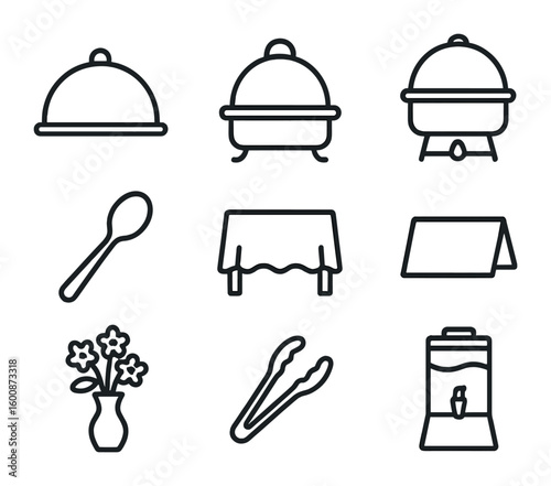Banquet Service Icons. Outline icon set of banquet and catering service: buffet tray, chafing dish, serving