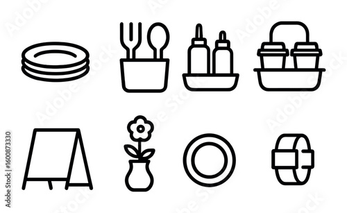 Modern Tray Icons. Outline icon set of tray setup and organization: stacked plates, cutlery holder, condiment