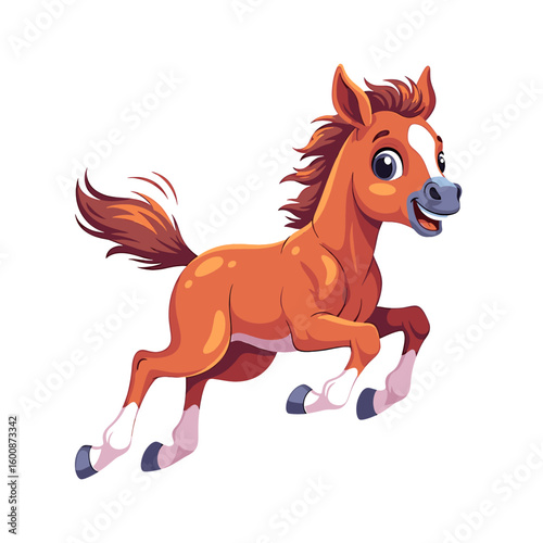 A cheerful cartoon foal with a brown coat running and smiling.