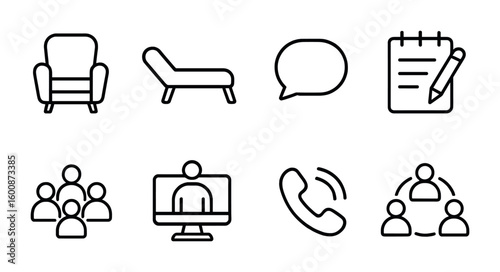 Therapy Icon Set. Outline icon set of therapy and counseling: therapist chair, couch, speech bubble, notepad,