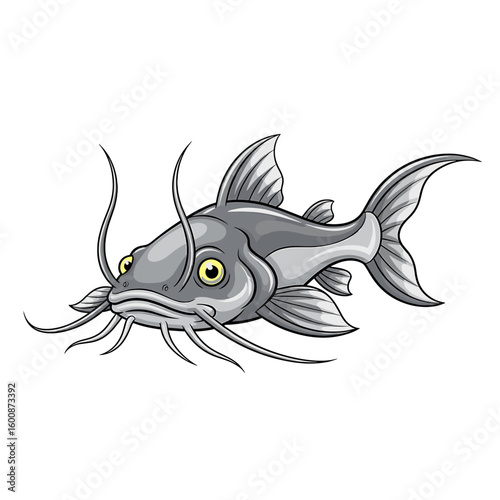 Cartoon illustration of a grey catfish, showcasing its whiskers and fins.
