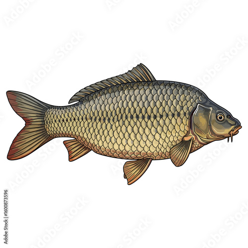 Detailed illustration of a common carp, showcasing its scales, fins, and body shape against a white background.