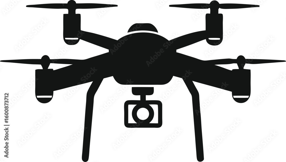 Fototapeta premium Black Silhouette of Drone icon with camera flying quadcopter vector illustration isolated on a transparent background