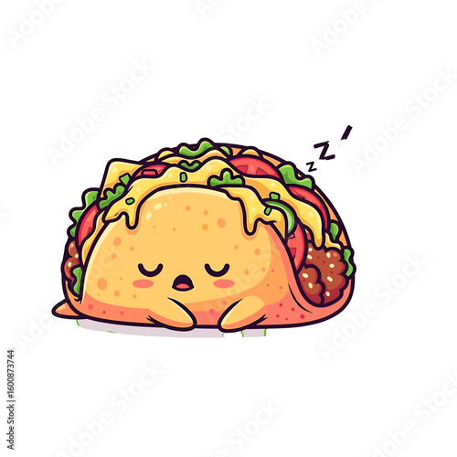 Cartoon taco character sleeping peacefully with "Zzz" above, filled with cheese, lettuce, and tomatoes.