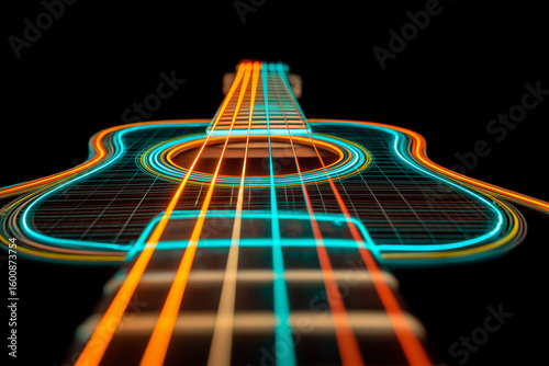 Close-up view of guitar with glowing neon lines on black background.